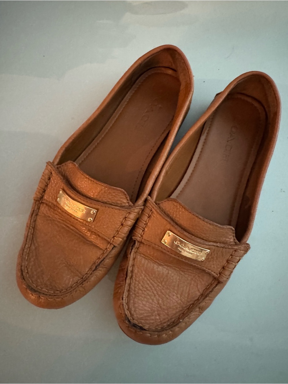 Coach Brown Frederica Leather Penny Loafers with Gold Plaque Size 9